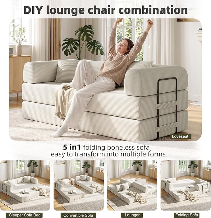 79in Convertible Sofa Bed, Corduroy Boneless Couch Bed, Futon Sleeper Sofa Pull - Image 3
