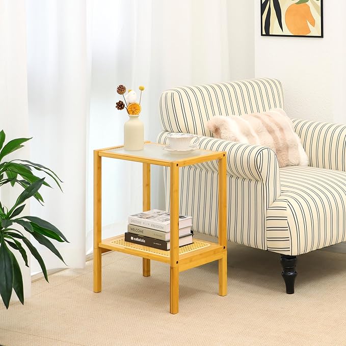 2-Tier Bamboo Side Table, Modern Glasstop Rattan Side Table, Mid Century Wood - Image 5
