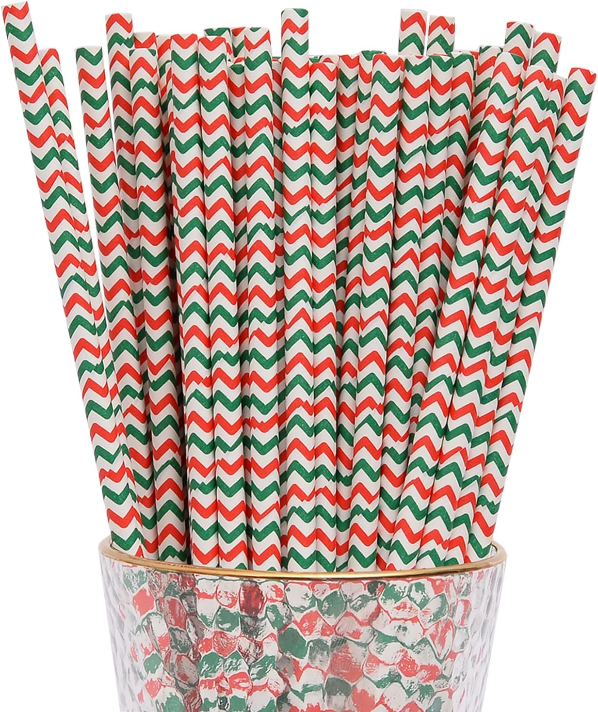 YAOSHENG Premium Disposable Waves Striped Drinking Paper Straws, Pack 100 Red and Green Waves Paper Straws for Cocktail Party Supplies,Birthday,Bridal/Baby Shower,Juice,Shakes (Red & Green Waves)
