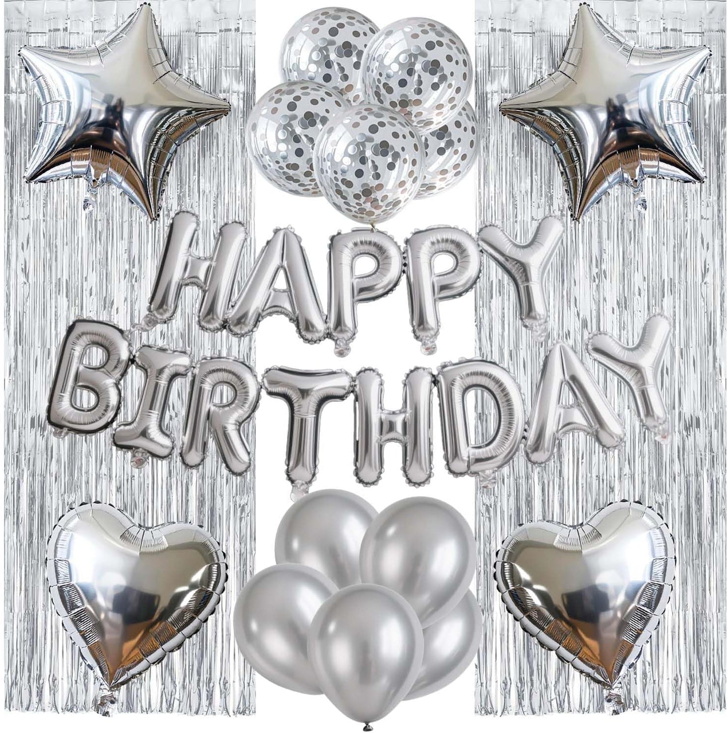 29 Pcs Silver Birthday Party Decorations - Happy Birthday Balloons Banner Silver, Heart & Star Foil Balloons, Confetti & Latex Balloons, Foil Fringe Curtains Party Supplies for Men