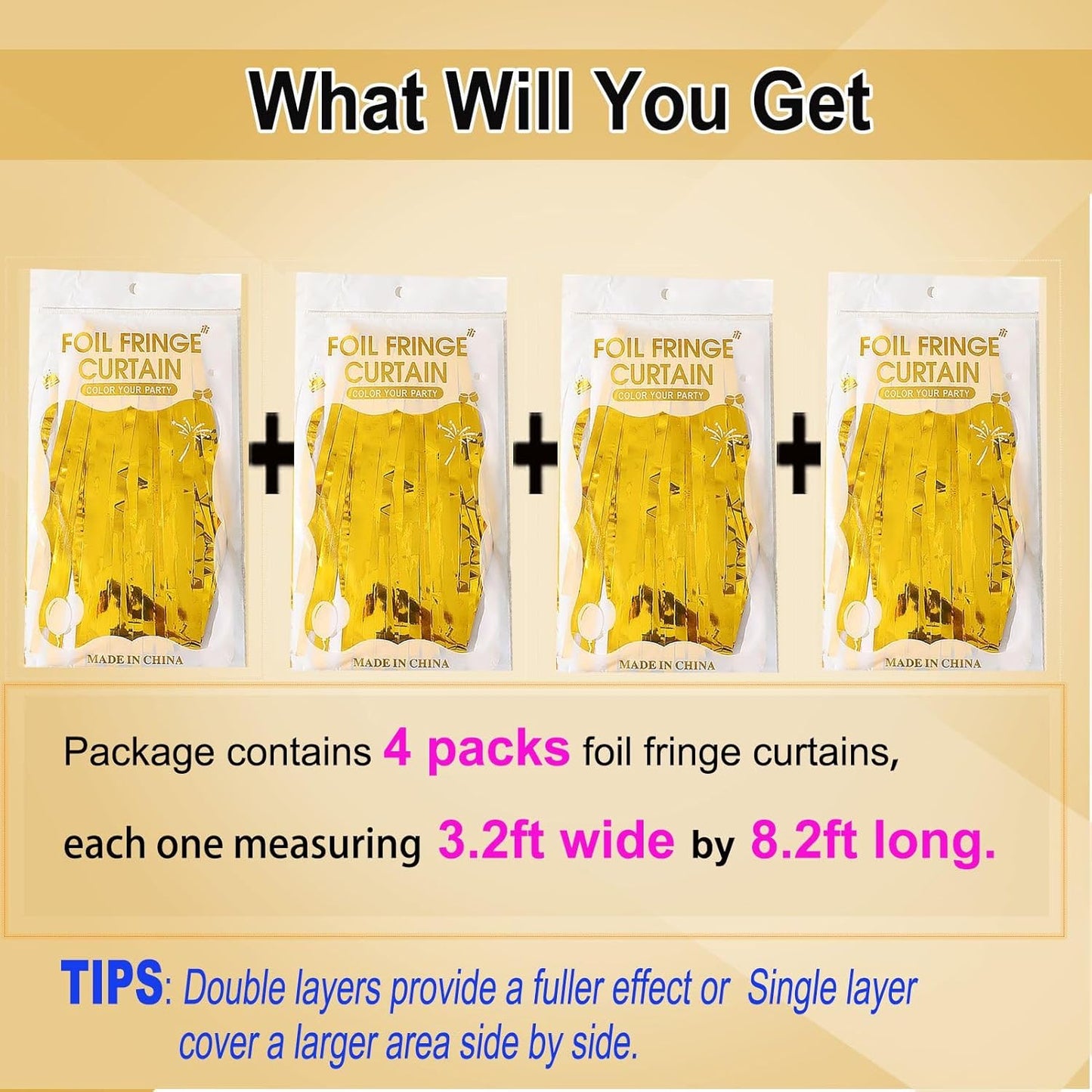 4 Pack Gold Fringe Backdrop Curtain - Gold Streamers for Golden Birthday Party Decorations