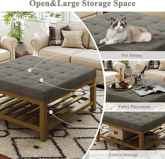 Befurtori Large Square Ottoman Coffee Table, Linen Solid Upholstered Footrest - Image 5