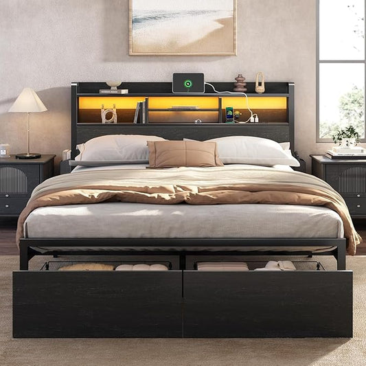 Furnulem Queen Bed Frame with Wood Headboard and Storage Shelf, Metal Platform by Furnulem