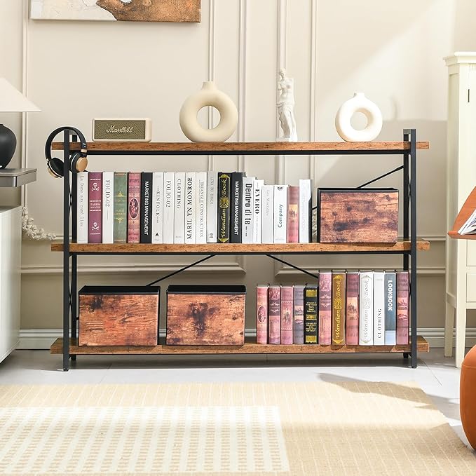 HCHQHS Bookshelf, 3-Tier Long Industrial Bookcase, Rustic Open Book Shelf - Image 2