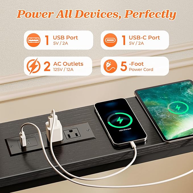 SUPERJARE Sofa Table with 2 Power Outlets and USB-C Ports, 5.9 Inch Narrow - Image 5
