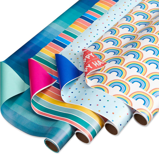 American Greetings 160 sq. ft. Reversible Wrapping Paper Set for Birthdays and All Occasions, Rainbow, Polka Dots, Stripes and Ombre (4 Rolls, 30 in. x 16 ft. each)