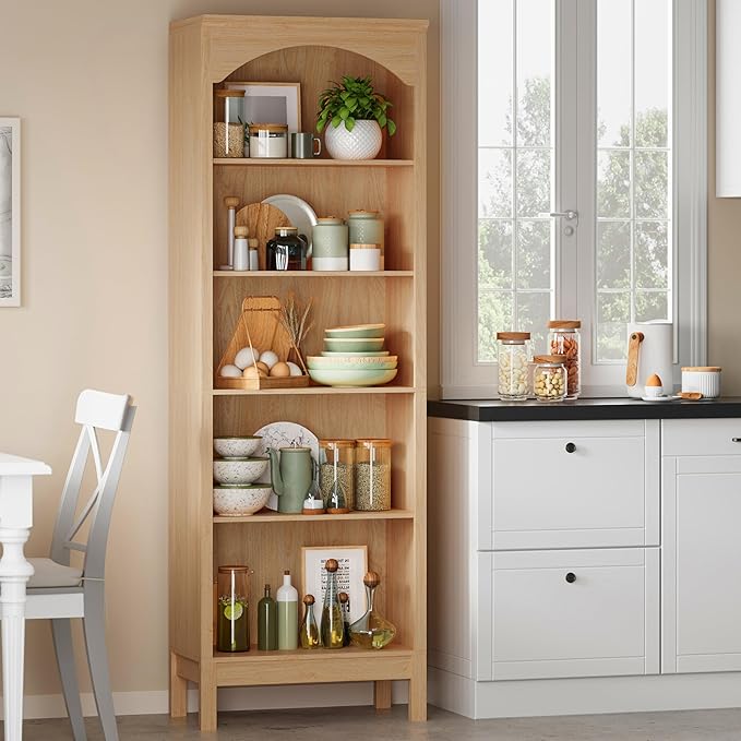 Arched Set of 2 Bookshelf with 5 Tier Open Shelves, Living Room, Natural Oak - Image 7