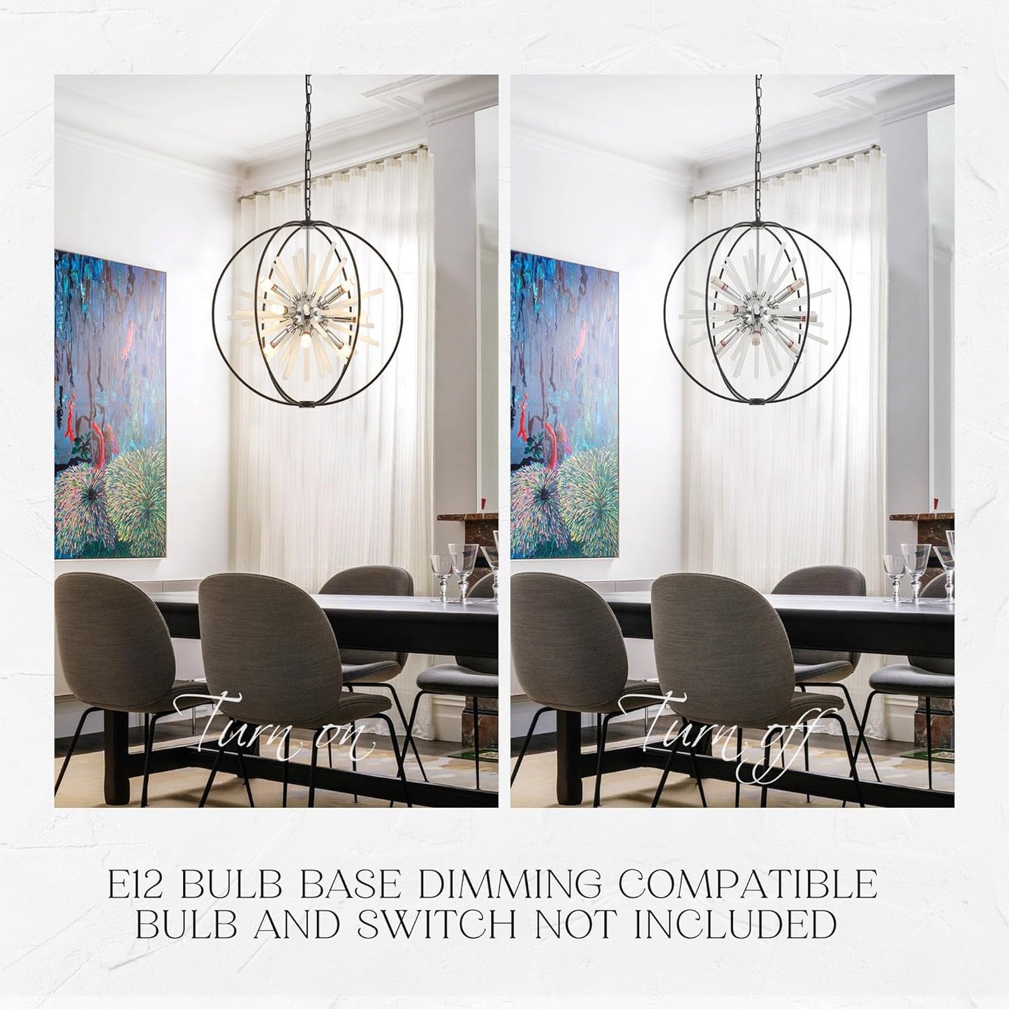 23.6" Black Chrome 12-Light Globe Sputnik Chandelier Modern Adjustable Hanging Ceiling Glass Tube Pendant Light Fixture for Entryway Foyer Staircase Dining Living Room Hallway