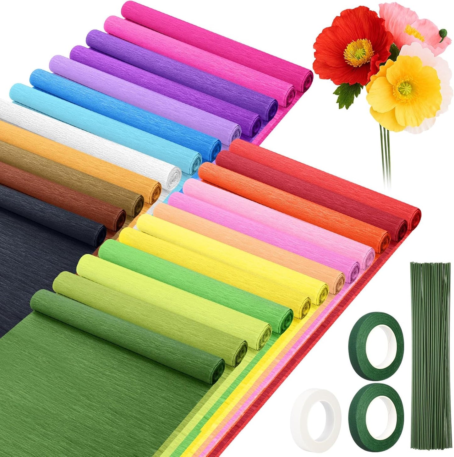 Humyoun 24 Pack Crepe Paper Rolls 16 Inch Wide 8.2ft Long Crepe Paper Flower Streamer with 60 Floral Stem Wires and 2 Floral Tapes for Flower Making DIY Birthday Wedding Decoration (Classic Color)