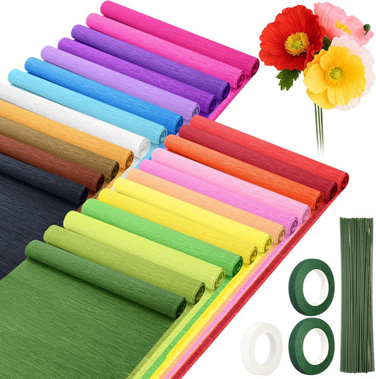 Humyoun 24 Pack Crepe Paper Rolls 16 Inch Wide 8.2ft Long Crepe Paper Flower Streamer with 60 Floral Stem Wires and 2 Floral Tapes for Flower Making DIY Birthday Wedding Decoration (Classic Color)