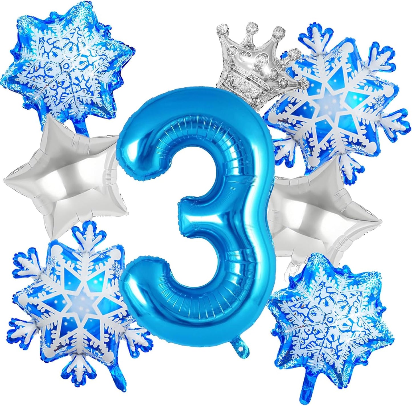 8Pcs Winter Wonderland Decorations - 40inch Blue Number 3 Balloons - Snowflake Foil Balloons for Winter Birthday Decorations - Party Supplies