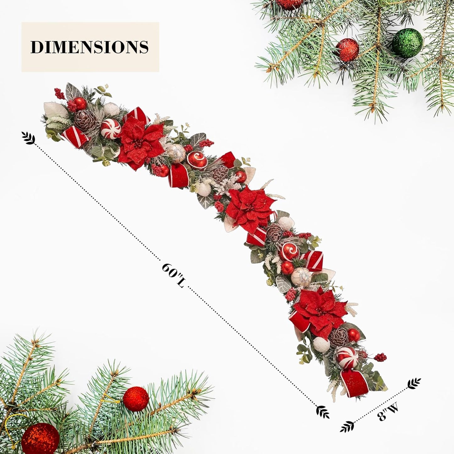 5 ft Christmas Garland for Mantle Unlit Garland for Stairs Railing, Banister, Staircase, Fireplace, for Table No Light, Garland Decor Frosted Red Poinsettia Holiday Tree (Frosted Red Poinsettia)