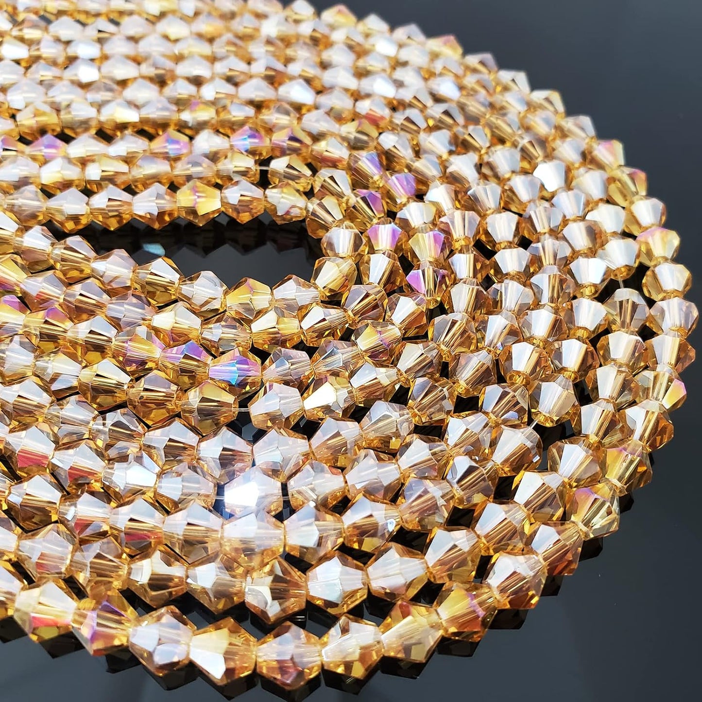 6mm Bicone 450Pcs Gold Champagne AB Crystal Glass Beads Faceted Bicone Shape Crystal Glass Spacer Beads for Bracelet Necklace Decorative Hand Jewelry Making (Gold Champagne AB, 6MM)
