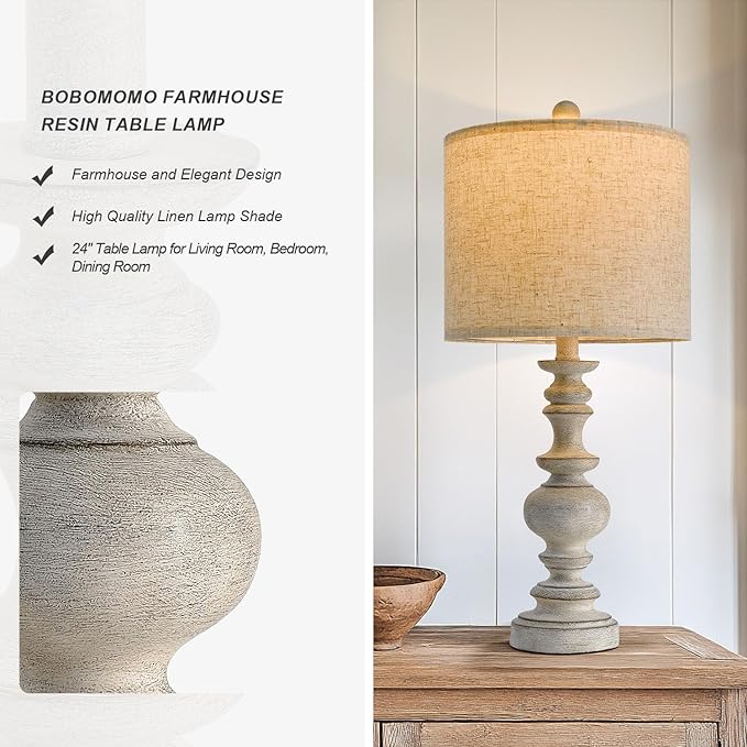 BOBOMOMO 24" Farmhouse Retro Table Lamp Set of 2, Traditional Resin Lamps - Image 6