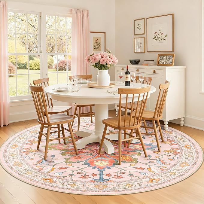 RELEANY Area Rugs Round 6ft Washable Non-Slip, Floral Vintage Distress Print - Image 3