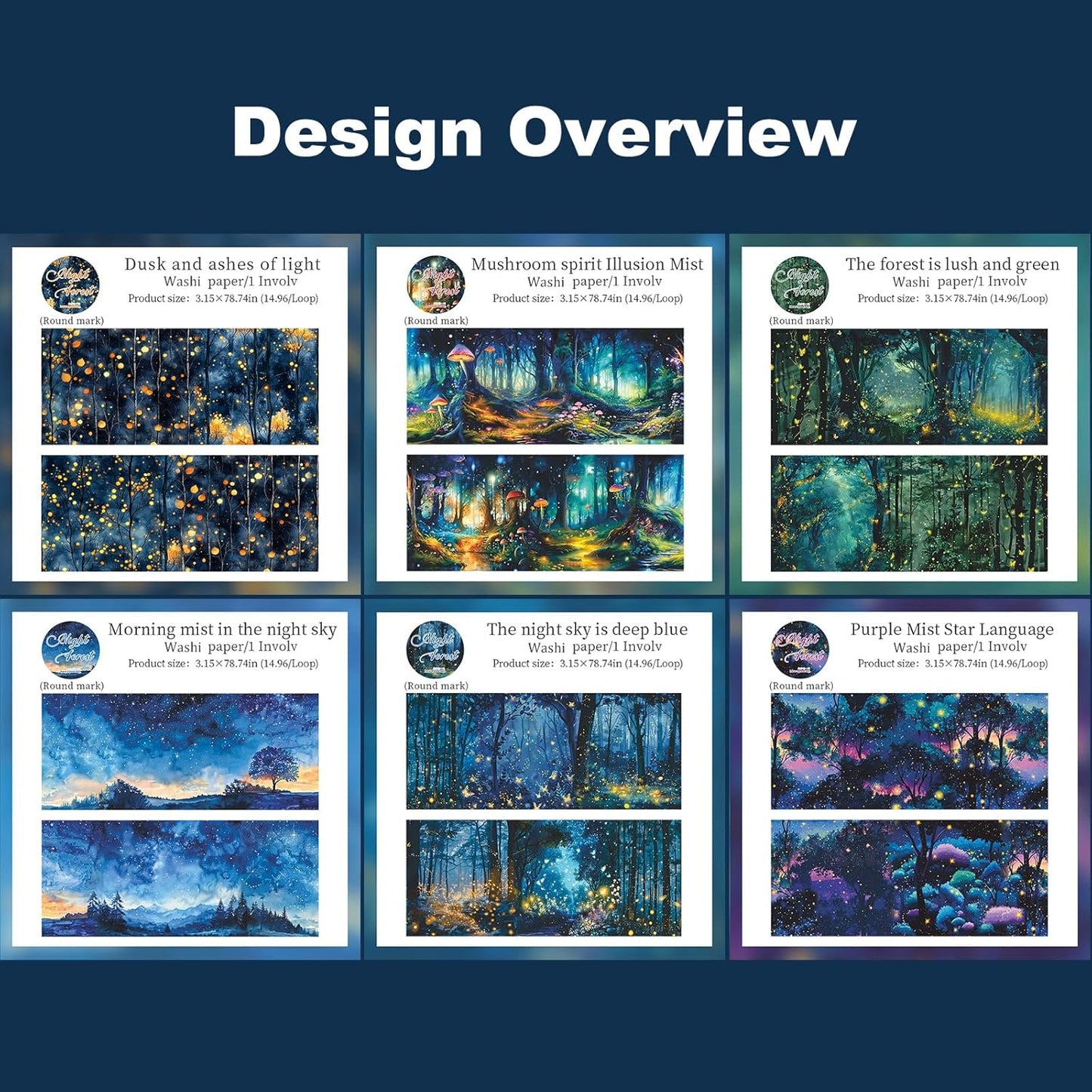 Night Forest Seamless Washi Tape Scrapbook Kit – 6 Rolls with Starry Sky, Fairy Woods & Twilight Designs for Journaling, DIY Crafts, Gift Wrapping, Card Making, Decoration, 3.15in Wide