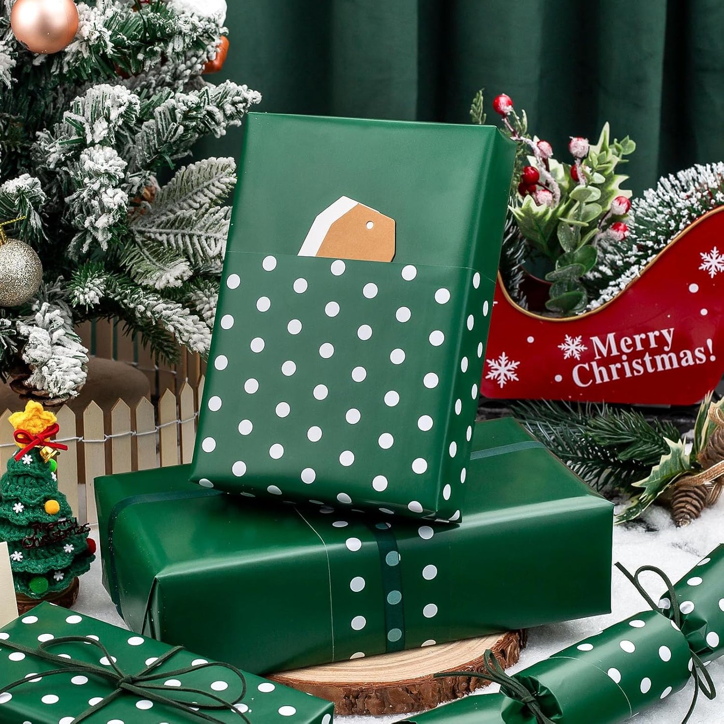 Flyhill Green Wrapping Paper Roll,Reversible Gift Wrap Paper with Polka Dot Design for Birthday,Christmas,Holiday,Party(17 Inch X 32.8 Feet)