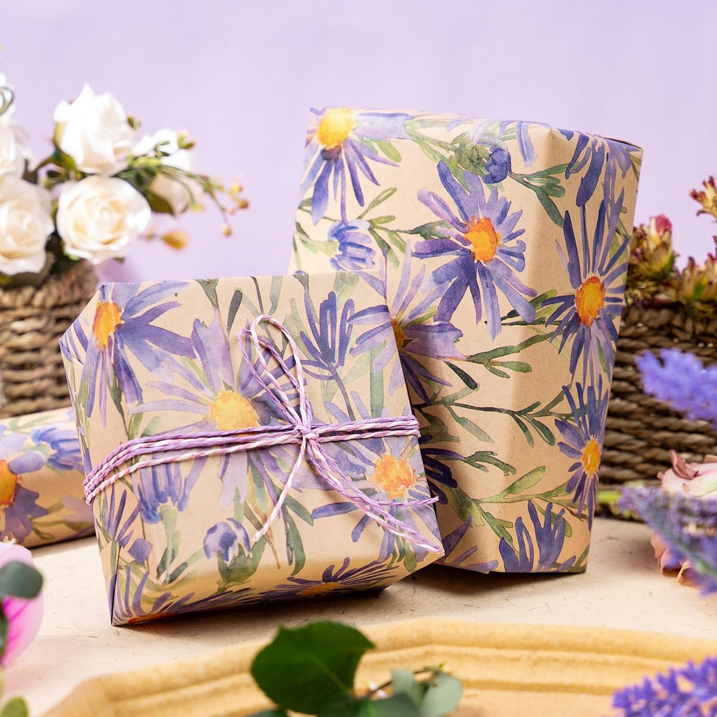RUSPEPA Purple Daisy Floral Wrapping Paper, Watercolor Flower Kraft Paper - Mini Roll - 17 in x 32.8 ft Each Roll, Gift Wrapping Paper for Girls, Women, Wedding and Birthday,
