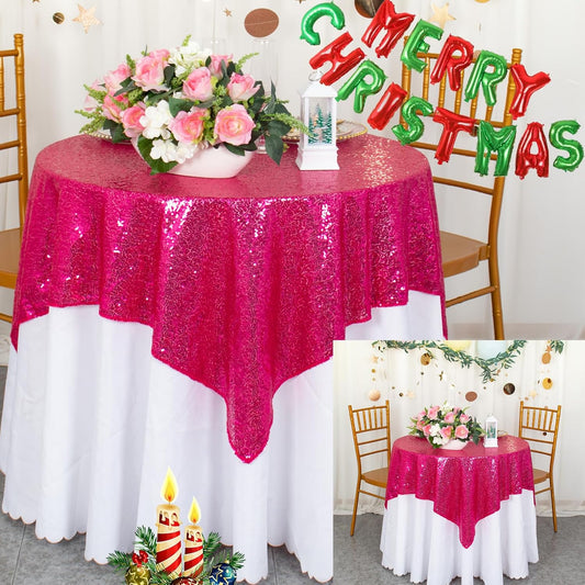 ShinyBeauty Hot Pink Tablecloths Square 36X36 Inch 2 Pieces Small Tablecloth for Party Sparkle Table Cloth Shimmer Overlay Linen Wedding Birthday Tables
