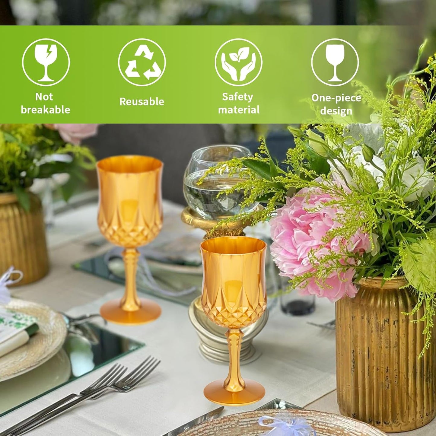 JLYLOL Plastic Vintage Wine Glasses 7OZ Plastic Goblets Vintage Drinking Glasses 12PCS Retro Wedding Glassware Water Goblets Reusable Drinking Cups for Party,Reception,Celebration,Bar,Whiskey(Amber)