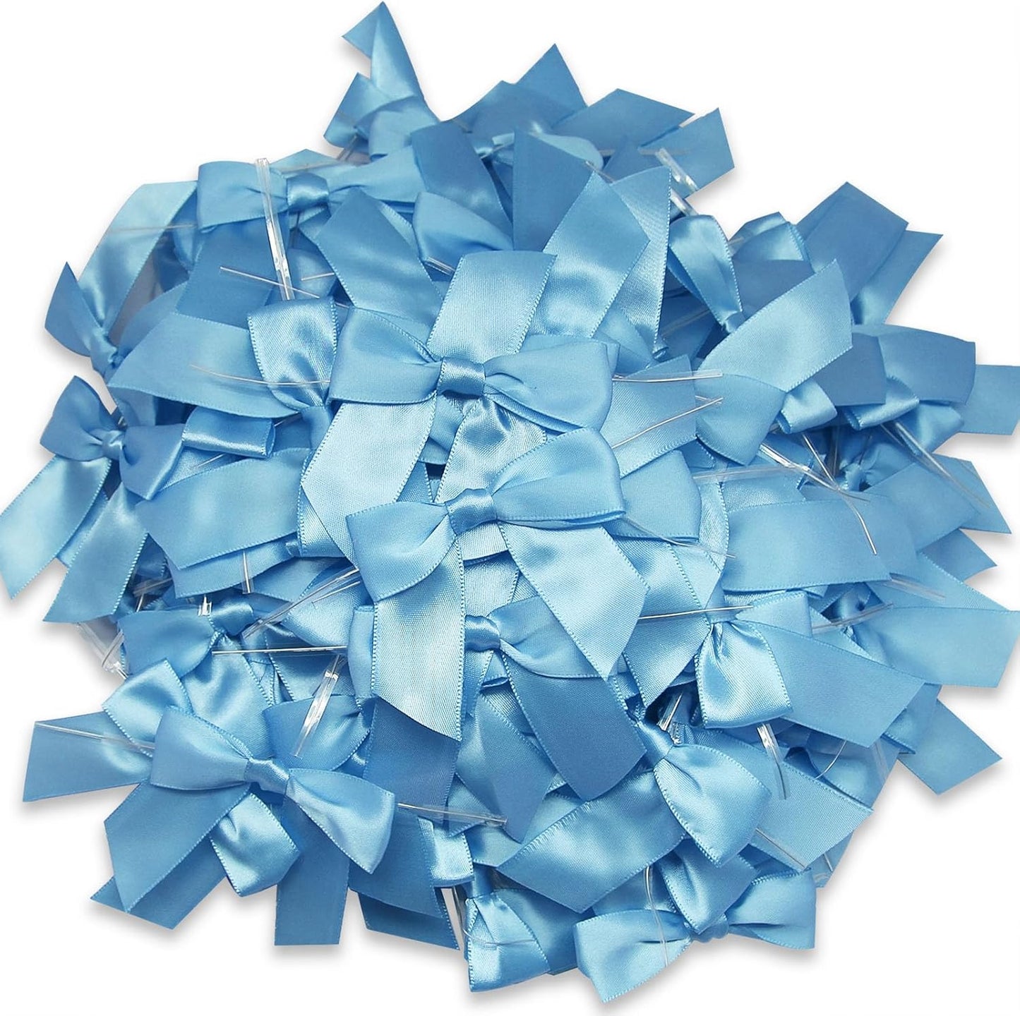 114 Pack Twist Tie Bows for Treat Bags 3" Sky Blue Satin Ribbon Bows for Package Craft, Gift Wrapping Decoration, Candy Bags, Bakery Bags, Wedding, Baptism, Tableware Decor Party Decoration