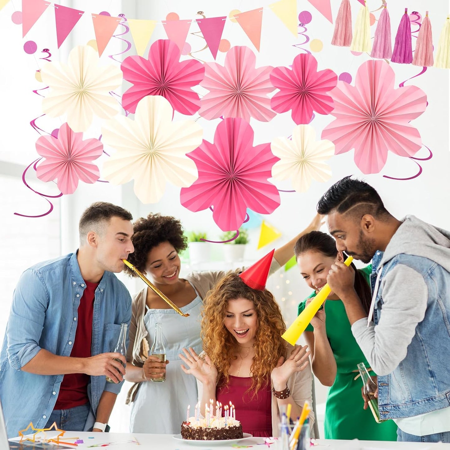 Pink and Yellow Party Decorations, Pink Birthday Decoration with Colorful Hanging Paper Flowers,Tassel Garland and Swirls for Women Girls, Baby Showers Bachelorette Party Supplies Classroom Decor