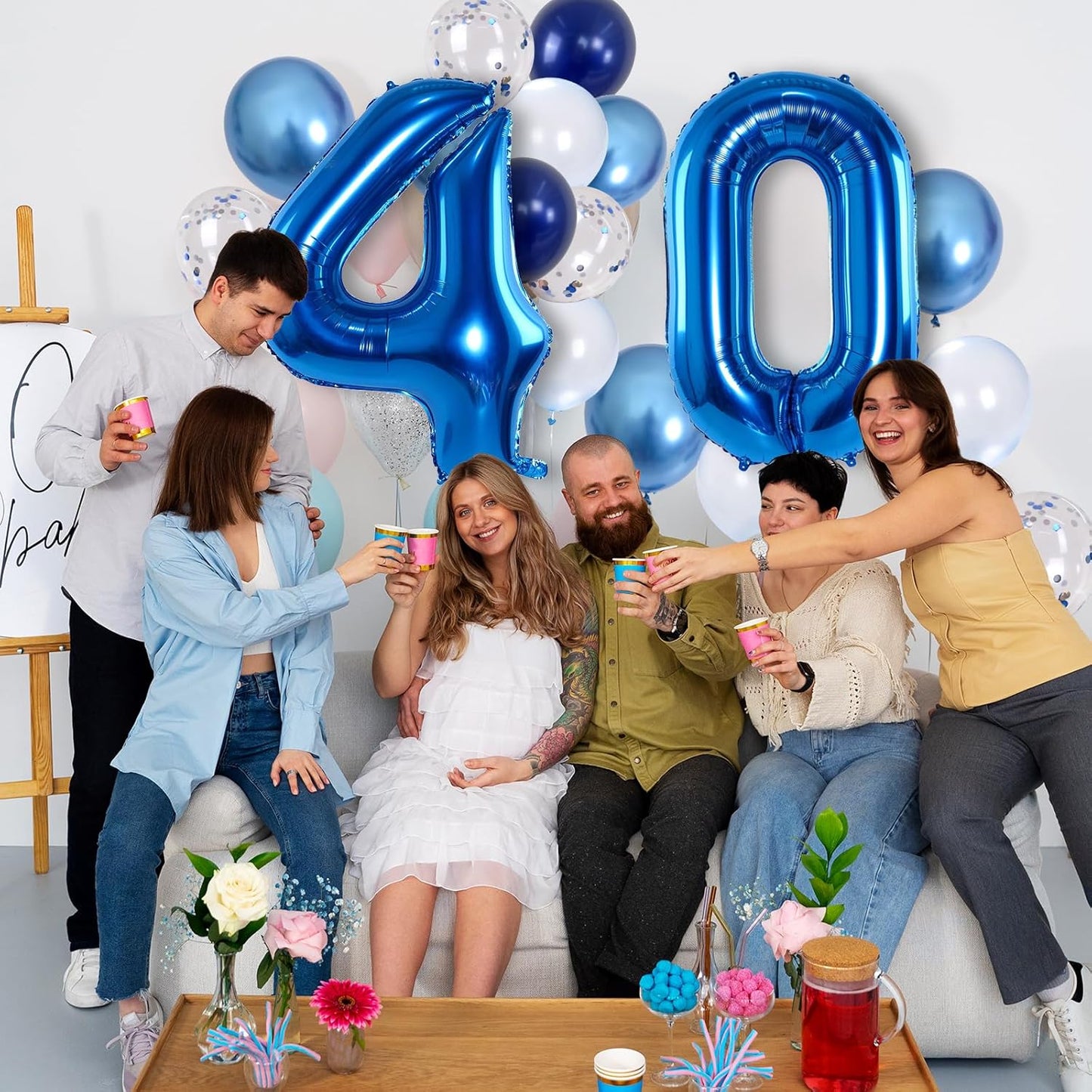 Large Foil Number 40 Balloons, Big Light Navy Blue 40 Helium Balloon with Metallic Silver Confetti Balloon for Men 40th Birthday Party Decor, Mylar Self Inflating 40 Balloon for Graduation Decorations