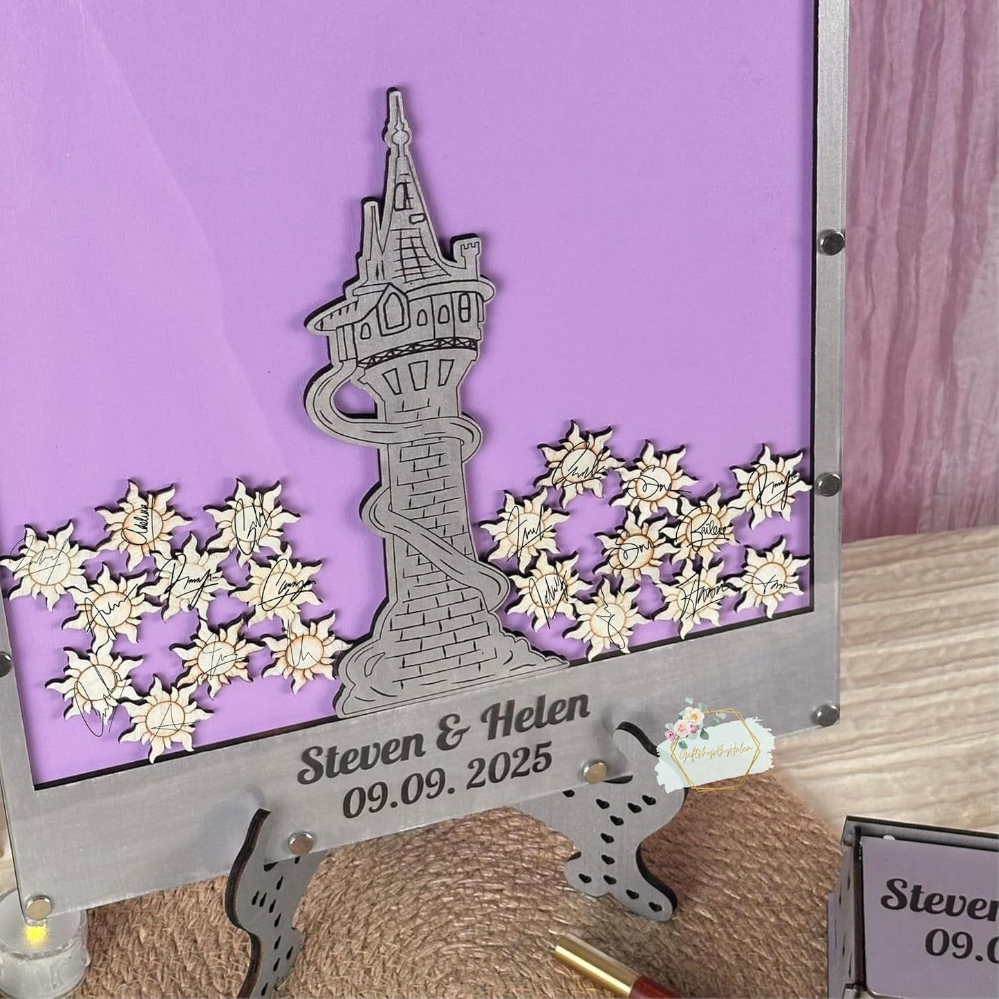 Tangled Guest Book for Wedding | Silver Princess Tower Guest Book Alternative | Fairytale Wedding Guestbook | Personalized Wooden Sign In Book Keepsake