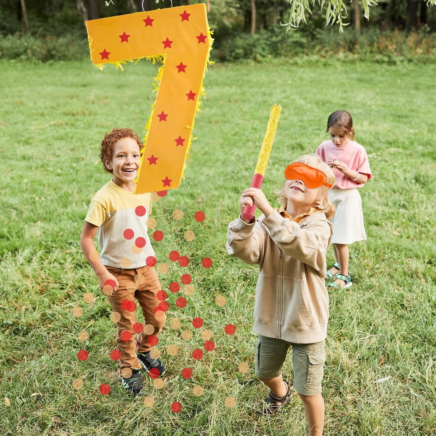 Orange and Red Star Number 7 Pinata, 16 Inch Piñata for 7th Birthday Party Decorations with Stick, Blindfold and Confetti (15.7 inch Number 7 Pinata)