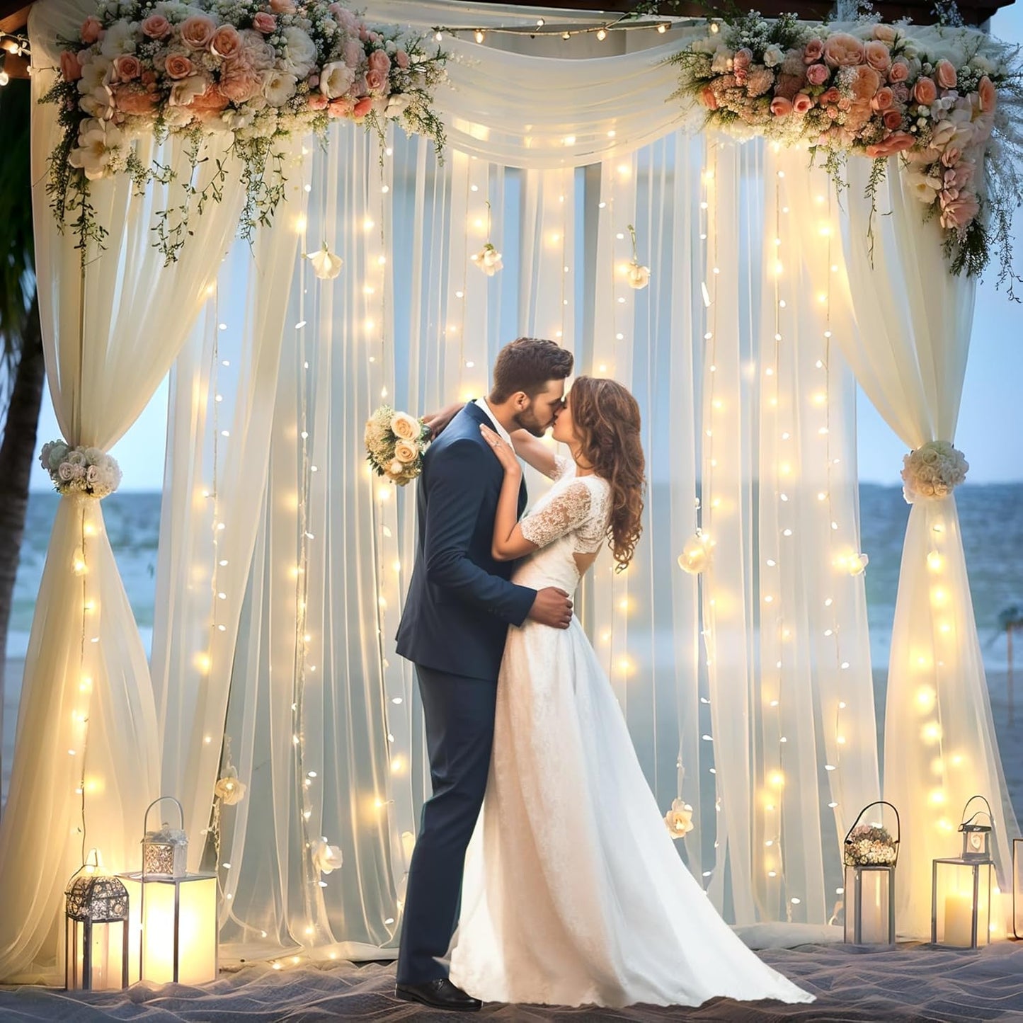 Ivory Tulle Backdrop Curtains with Lights String for Parites Wedding 10×10ft Sheer Backdrop Curtains for Baby Shower Birthday Party Photo Shoot Background Decorations