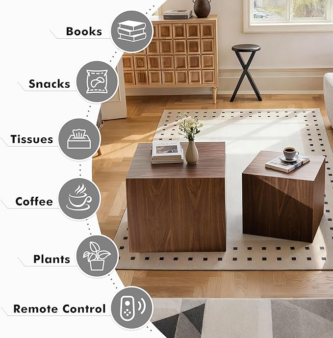 Square Nesting Tables for Living Room, Wood Nesting Coffee Table Walnut Veneer - Image 4
