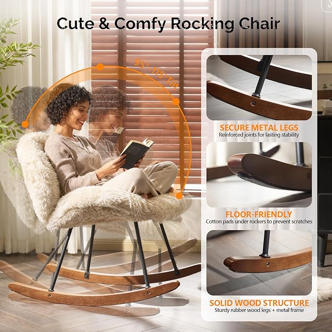 VINGLI 25.6" Extra Wide Criss Cross Nursery Rocking Chair, Cute Curved 115° - Image 4