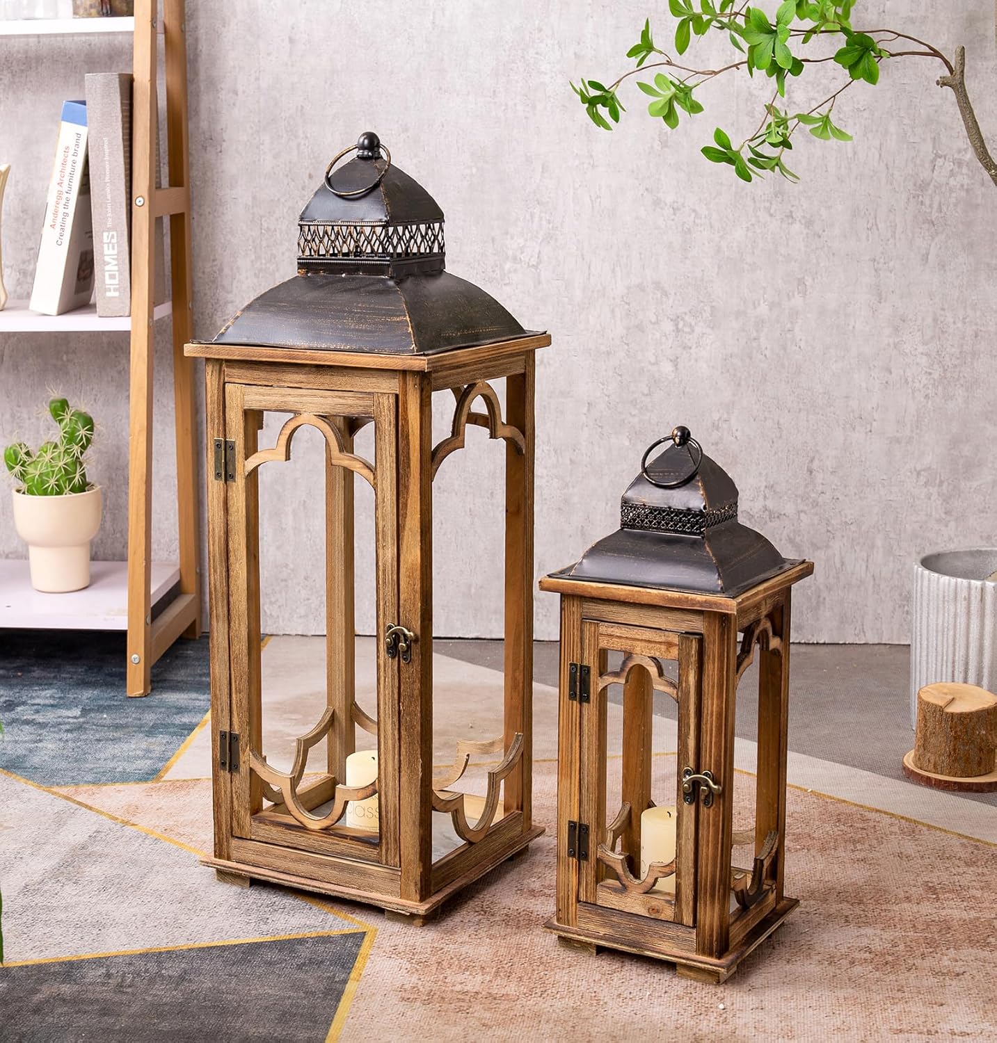 Large Farmhouse Decorative Wooden Lantern Set of 2, Rustic Brown Floor Lanterns, Indoor/Outdoor Hurricane Lanterns for Home Decor (No Glass)