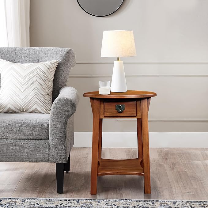 Leick Home Mission End Table, Solid Wood, 18 in. Round, 1 Storage Drawer - Image 2
