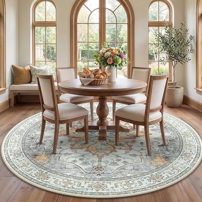 RELEANY Area Rugs Round 7ft Washable Non-Slip, Floral Vintage Distress Print by RELEANY