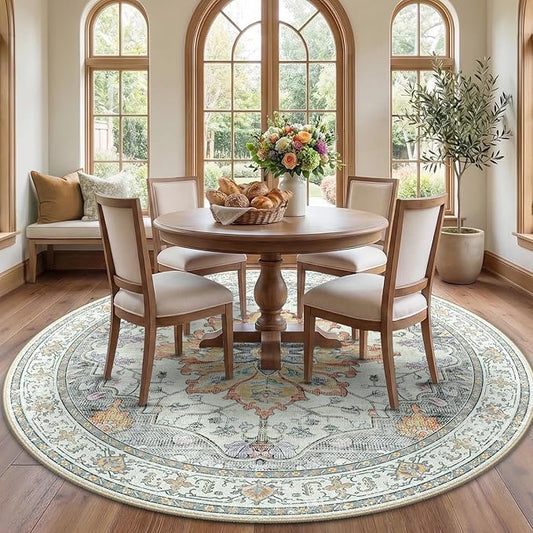 RELEANY Area Rugs Round 7ft Washable Non-Slip, Floral Vintage Distress Print by RELEANY
