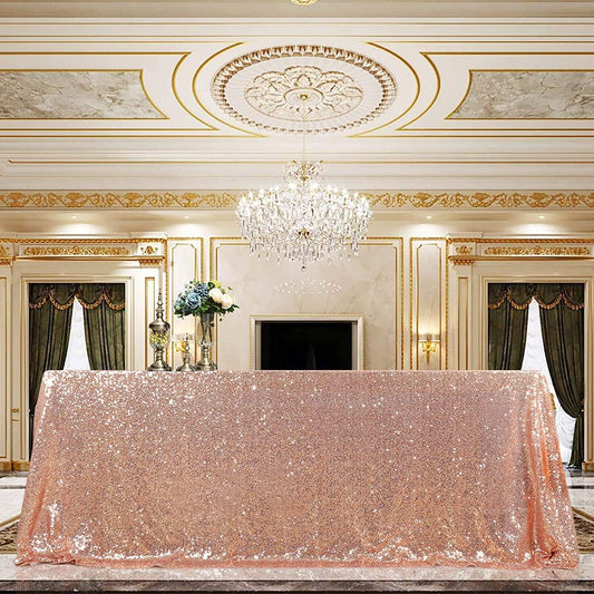 QueenDream Tablecloth 90x156 Rectangle Sequin Table Cloth Rose Gold Wedding Table Linens Glitter Birthday Bridal Party Indoor Outdoor Decorations