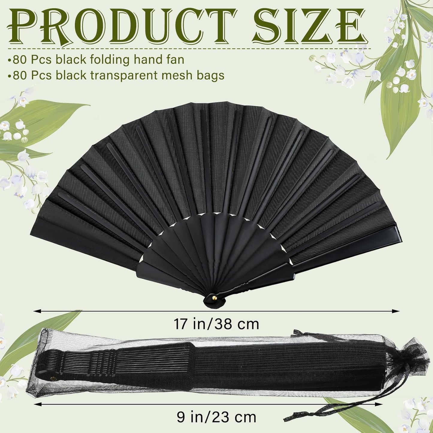 Wenqik 80 Pcs Wedding Folding Hand Fans Bulk Silk Fabric Chinese Handheld Foldable Clack Fans with Plastic Ribs for Party, Wedding Gifts, Line Dancing, Home Decorative (Black)