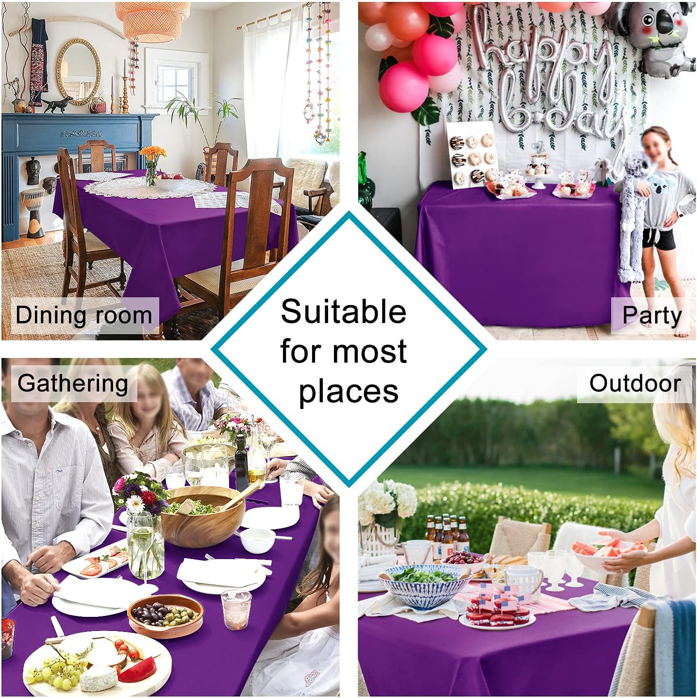 Hiasan Waterproof Tablecloth Rectangle - Washable Fabric Table Cloth for Dining Room Kitchen Birthday Party and Outdoor Use, Royal Purple, 54 x 108 Inch