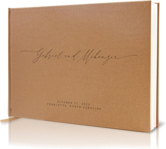 MUUJEE Personalized Guestbook in Bronze Shimmer - Premium Custom Modern Guest Book for Wedding Reception, Birthday Party or Events w/Bookmark Blank Pages for Signing 11.5 x 8.5 inches