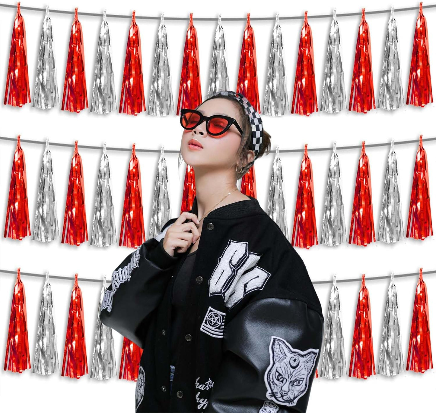 3P Metallic Fringe Tassel Banner Garland Foil Tinsel Streamer Wall Hanging Curtain Backdrop Banner for Parade Floats,Halloween Decorations, Christmas Day, Wedding Party Decoration(Red Silver)