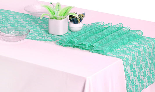 MDS Pack of 15 Wedding 12 x 108 inches Lace Table Runner for Wedding, Decorations for Birthday Parties, Banquets, Graduations, Engagements, and Runners fit Rectangle, Round Table- Mint