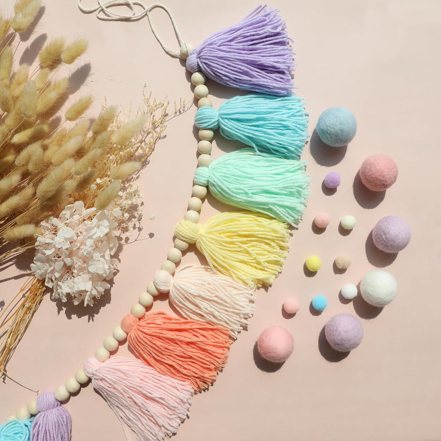 Pastel Rainbow Boho Tassel Garland Wall Hanging with Wood Beads for Baby Shower Birthday Party Classroom Dorm Nursery Decor