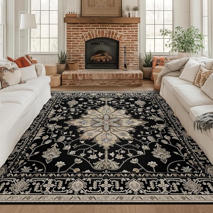 RELEANY Area Rugs Square 8ft Washable Non-Slip, Floral Vintage Distress Print by RELEANY