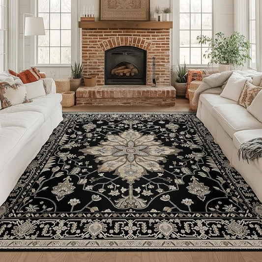 RELEANY Area Rugs Square 8ft Washable Non-Slip, Floral Vintage Distress Print by RELEANY