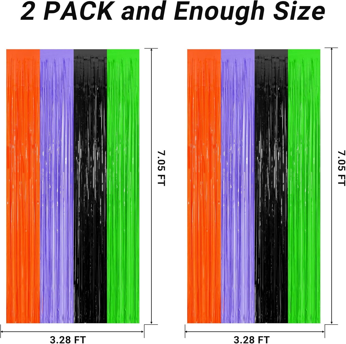 2 Pack Halloween Backdrop, 3.28 FT x 7.05 FT Orange Purple Black Green Party Streamer, Metallic Foil Curtains Tinsel Backdrop, Halloween Party Decorations Photo Props for Door Wall
