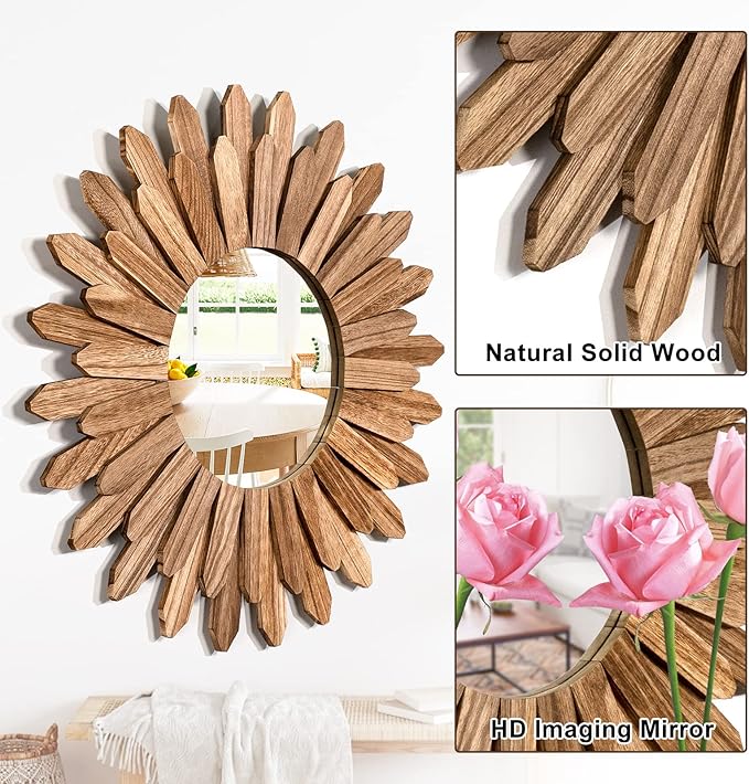 Emfogo Wall Mirror 21 inch Rustic Wood Sunburst Boho Mirror Wall Decor Home - Image 4