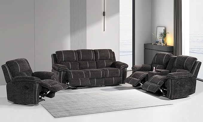 Betsy Furniture Modern Fabric Recliner Sofa Set, Loveseat w/Console, Recliner by BetsyFurniture