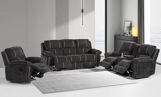 Betsy Furniture Modern Fabric Recliner Sofa Set, Loveseat w/Console, Recliner by BetsyFurniture
