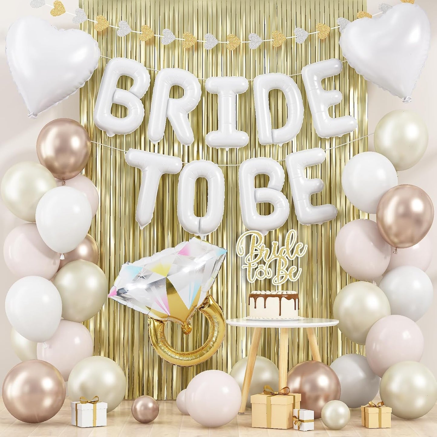 White Gold Bachelorette Party Decorations, Bride To Be Mylar Foil Letter Balloons with White Champagne Balloons and Light Gold Fringe Curtains for Bridal Shower Decoration Engagement Hen Party Decor